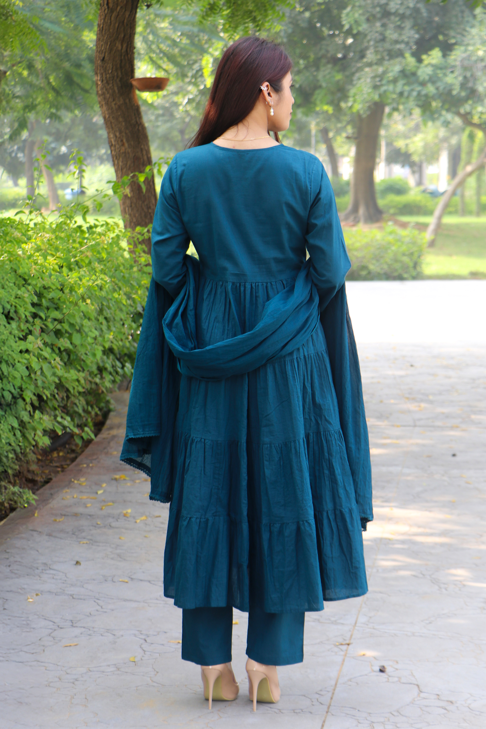 Teal Embroidered Cotton Anarkali Kurta-Pant Set with Dupatta