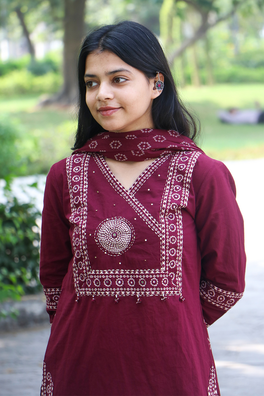 Maroon Bhandej Print Cotton Kurta-Pant Set with Dupatta