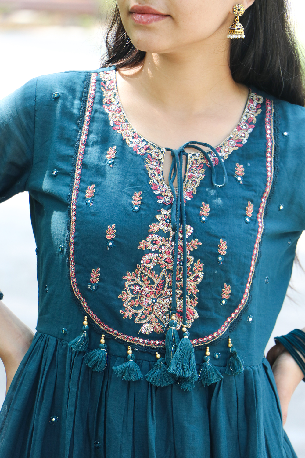 Nile Blue Embroidered Mul Cotton Anarkali Kurta-Pant Set with Dupatta