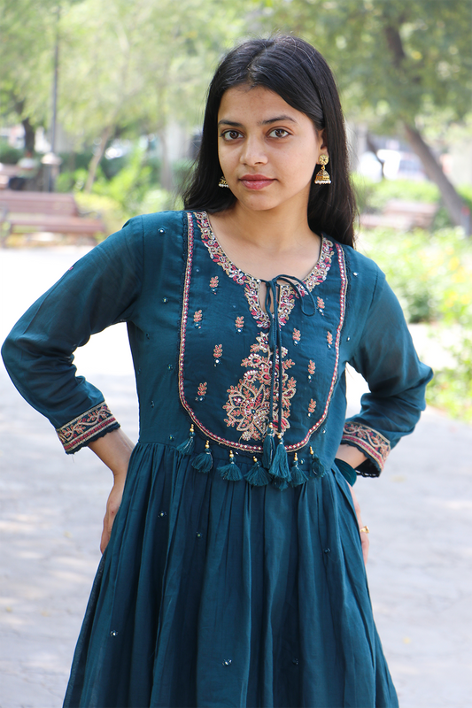 Nile Blue Embroidered Mul Cotton Anarkali Kurta-Pant Set with Dupatta