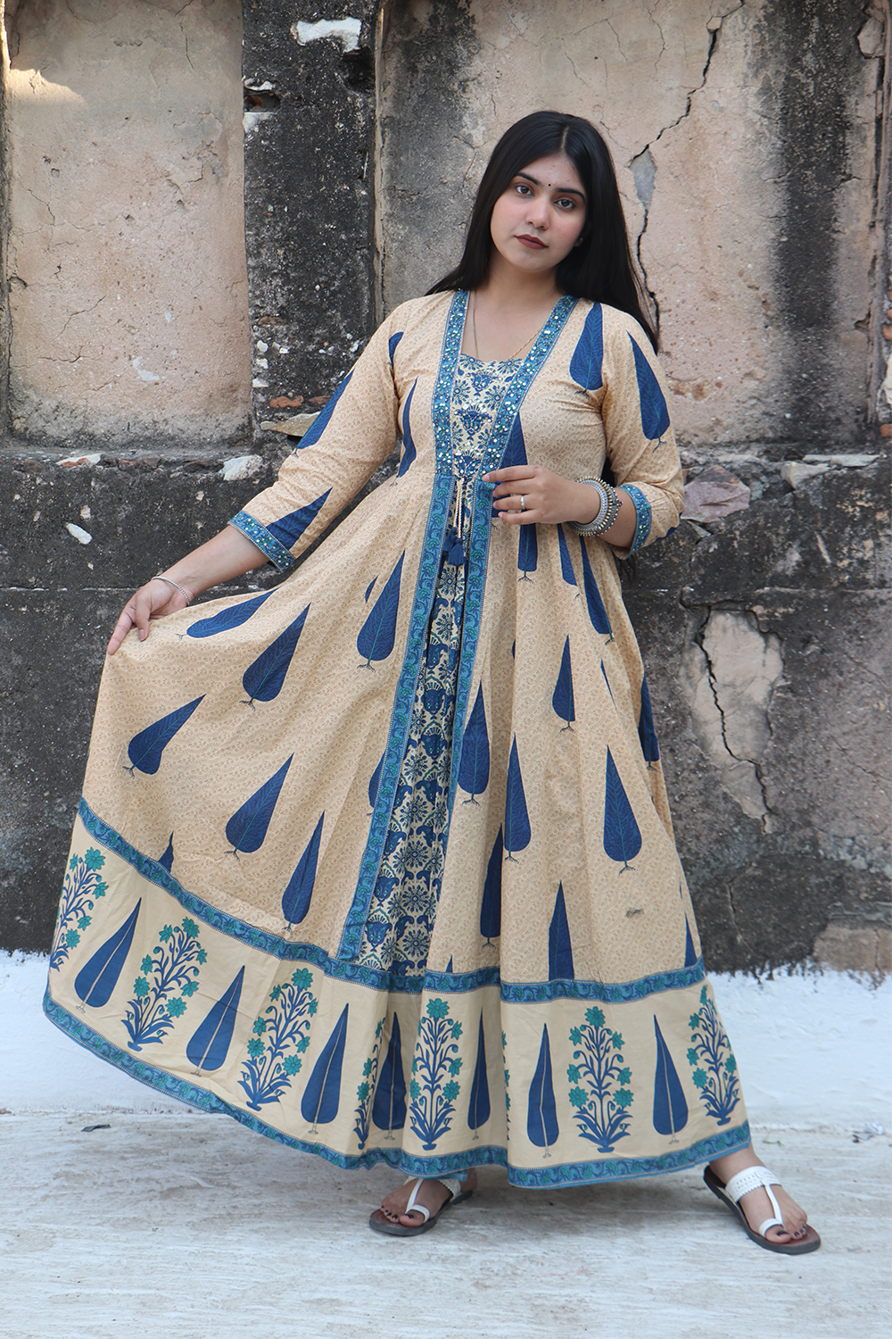 Indigo Breeze Printed Cotton Anarkali-Pant Set with Dupatta