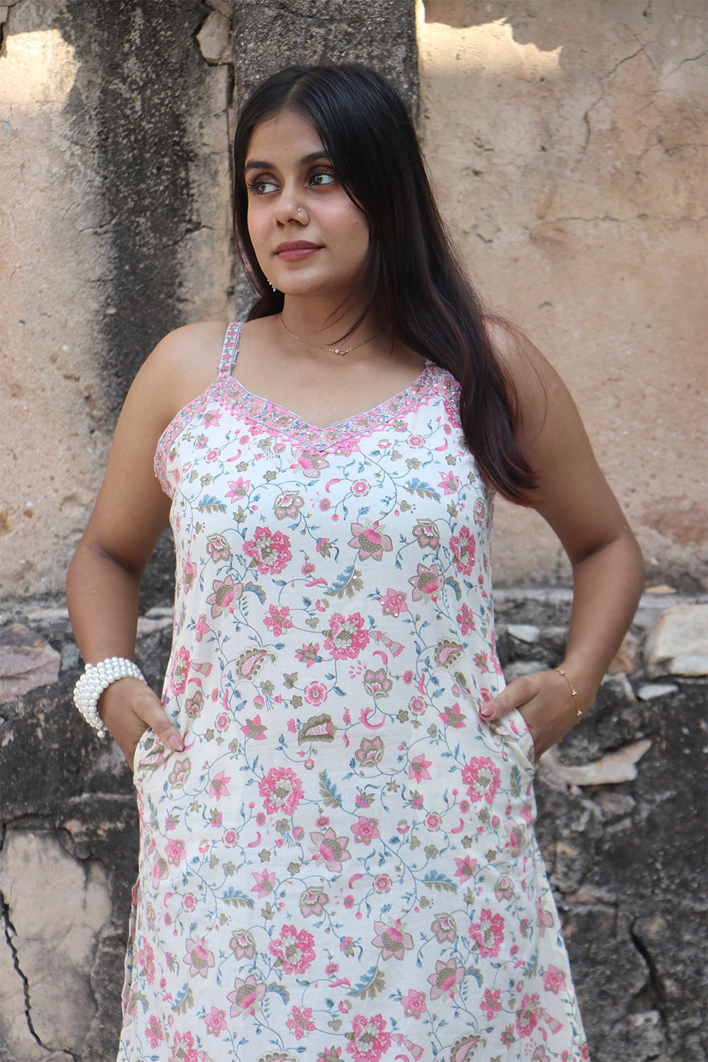 Pink Floral Cotton Straight-Fit Kurta Set with Dupatta