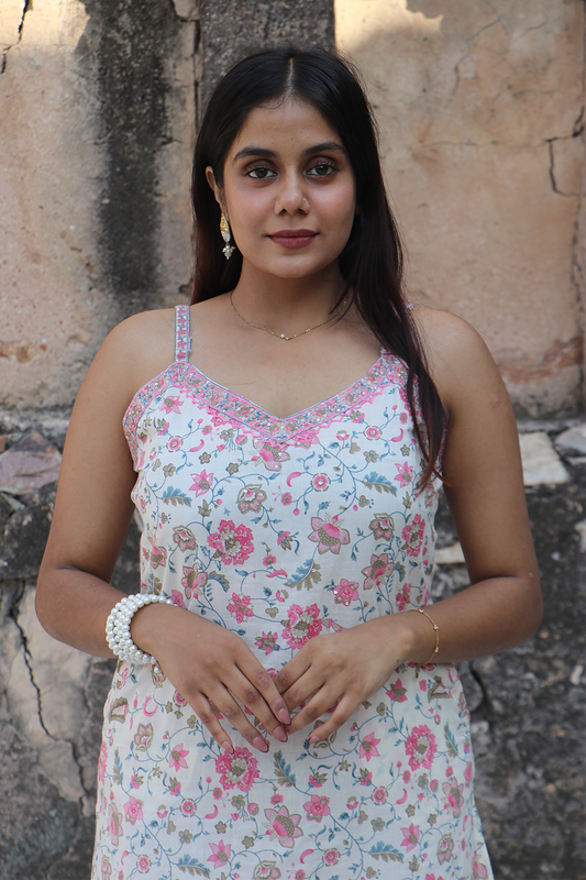 Pink Floral Cotton Straight-Fit Kurta Set with Dupatta