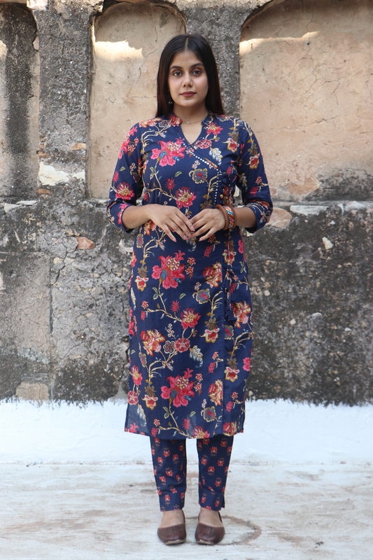 Navy Blue Angrakha Cotton Kurta pant set with Dupatta