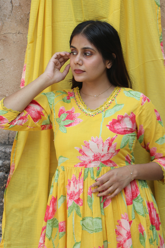 Sunshine Lotus Cotton Kurta Pant Set with Dupatta