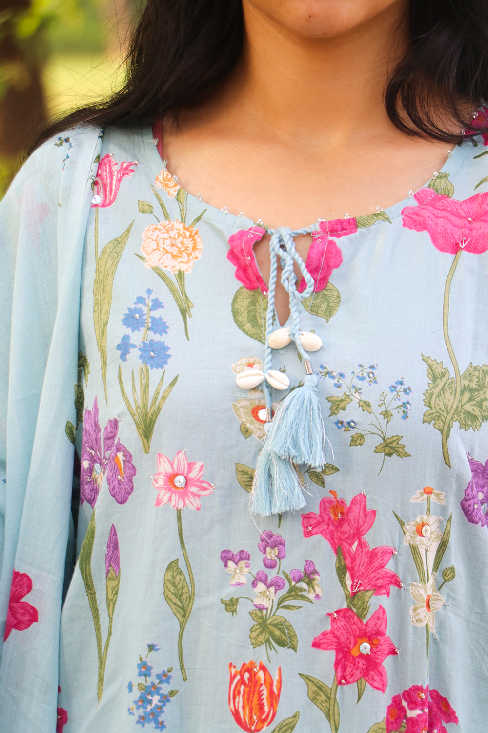 Pastel Blue Floral Cotton Kurta-Pant Set with Dupatta