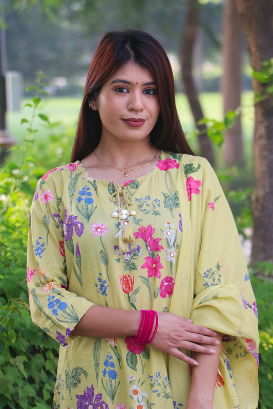 Pastel Green Floral Cotton Kurta-Pant Set with Dupatta