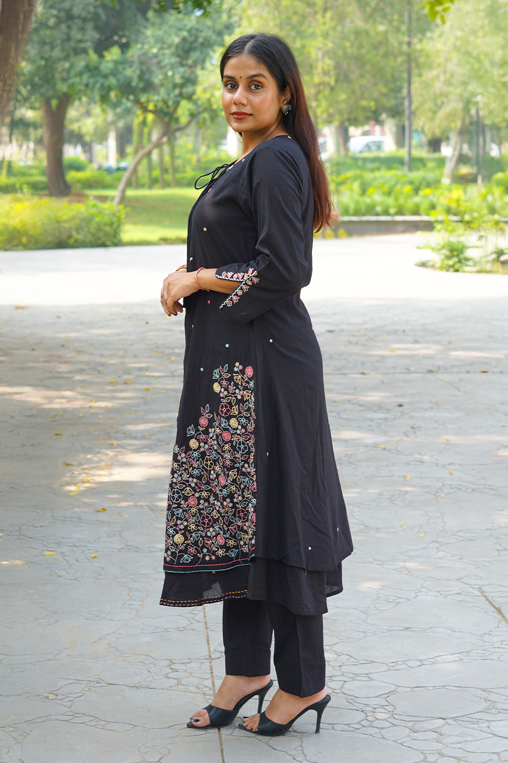 Black Katha-Work Mul Cotton A-Line Kurta-Pant Set with Dupatta