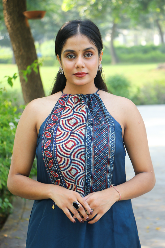 Navy Blue Modal Silk Halter Neck Co-ord Set