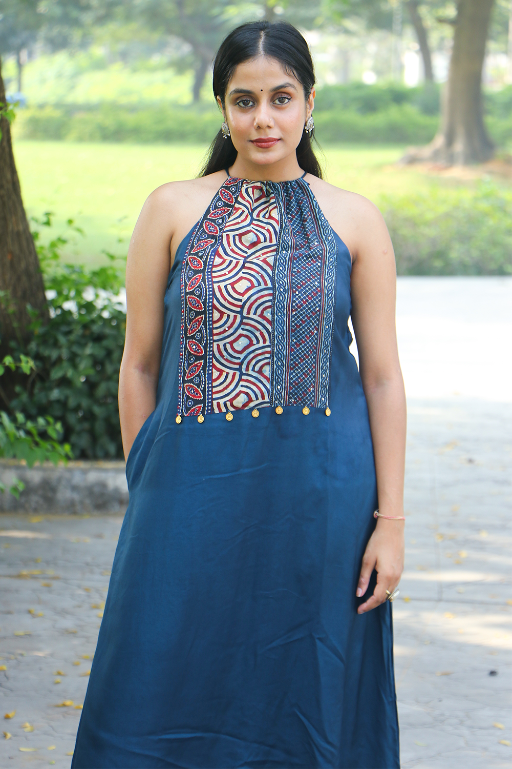 Navy Blue Modal Silk Halter Neck Co-ord Set