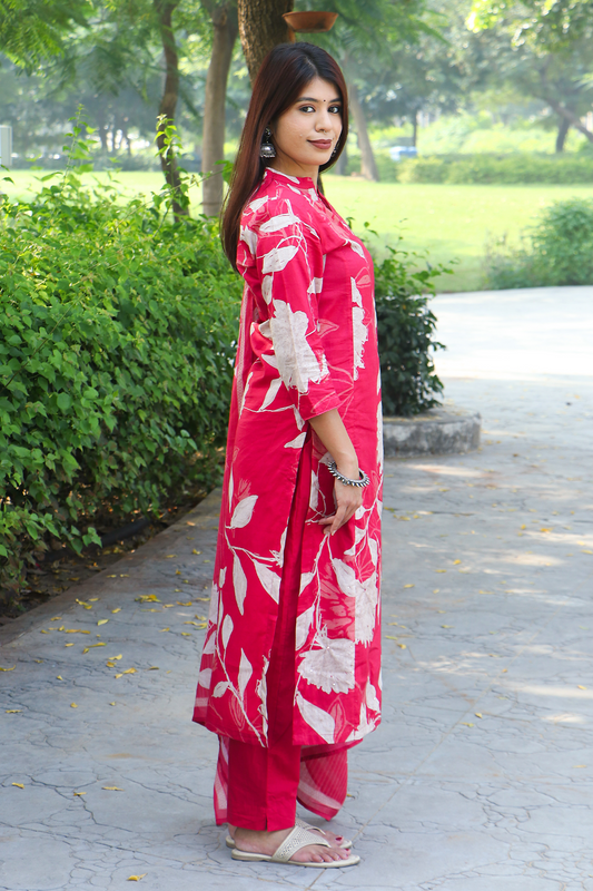 Pink Cotton Angrakha Kurta-Pant Set with Dupatta