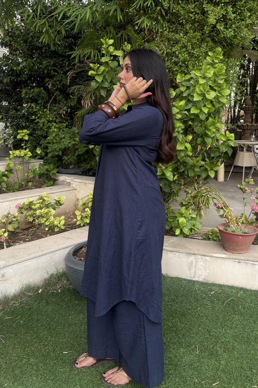 Navy Blue Shirt Collar Kurta Set with Palazzo