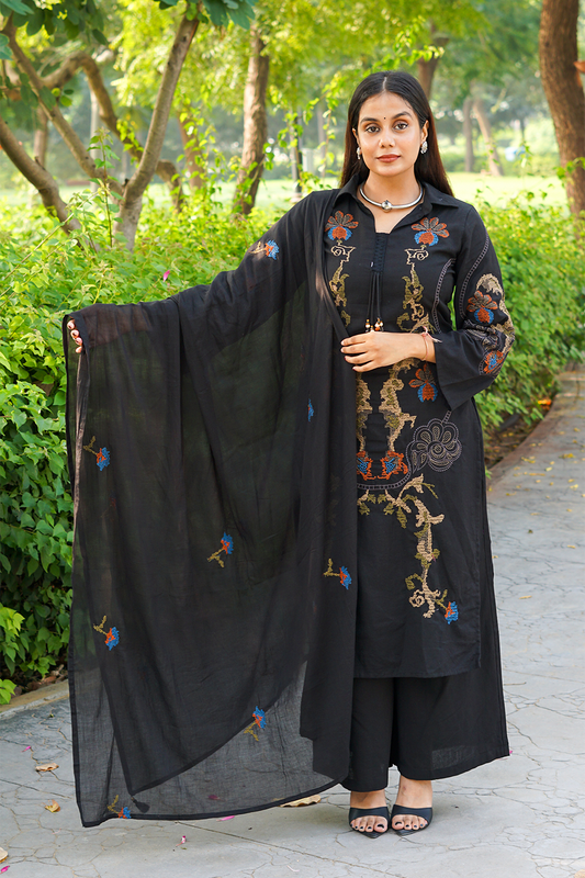 Black Cross Stitch Embroidered Cotton Kurta-Pant Set with Dupatta