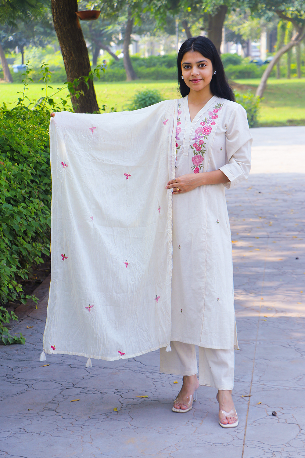 Moon Flower Cotton Kurta-Pant Set with Dupatta