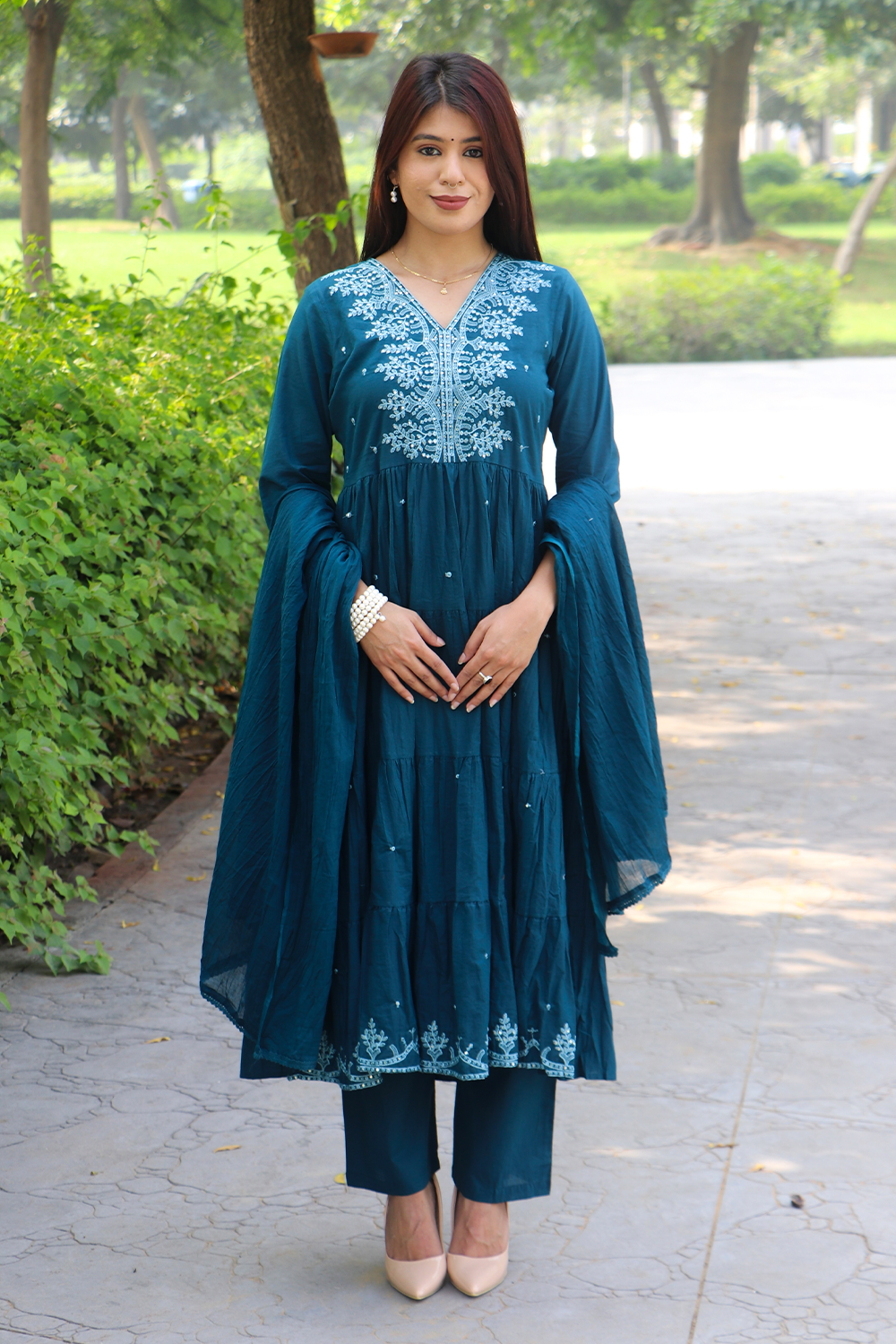 Teal Embroidered Cotton Anarkali Kurta-Pant Set with Dupatta