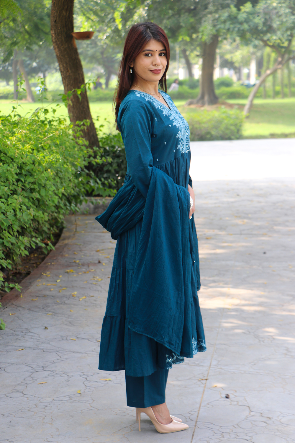 Teal Embroidered Cotton Anarkali Kurta-Pant Set with Dupatta