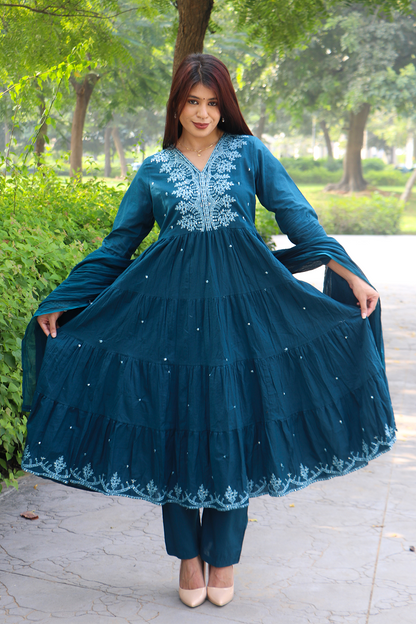 Teal Embroidered Cotton Anarkali Kurta-Pant Set with Dupatta