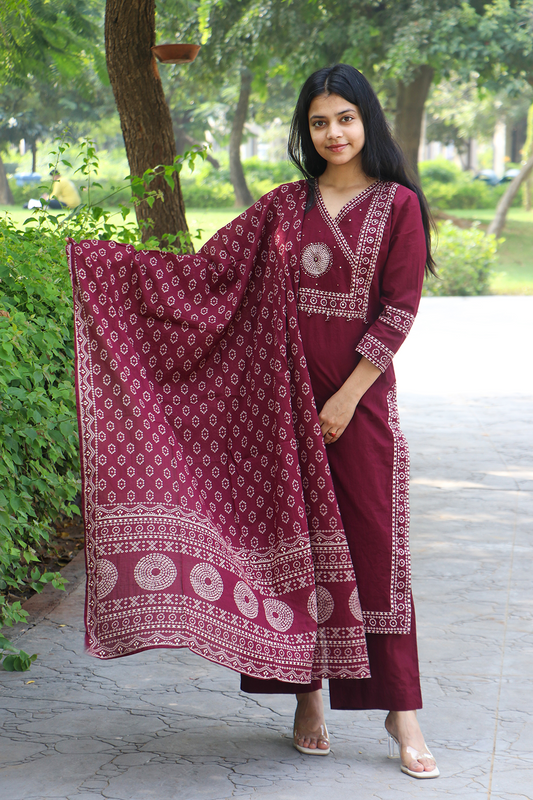 Maroon Bhandej Print Cotton Kurta-Pant Set with Dupatta