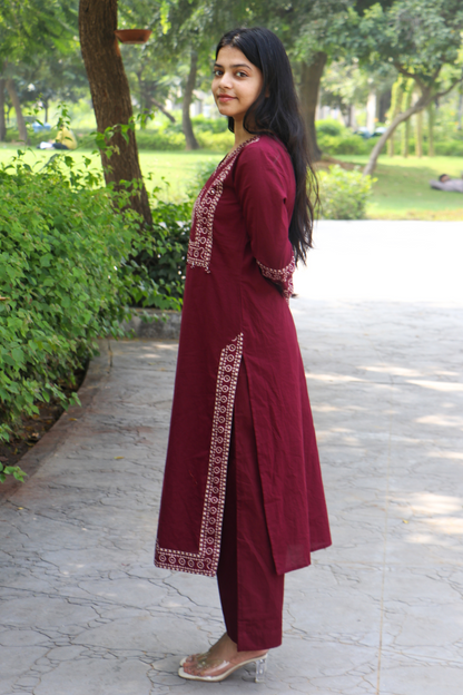 Maroon Bhandej Print Cotton Kurta-Pant Set with Dupatta