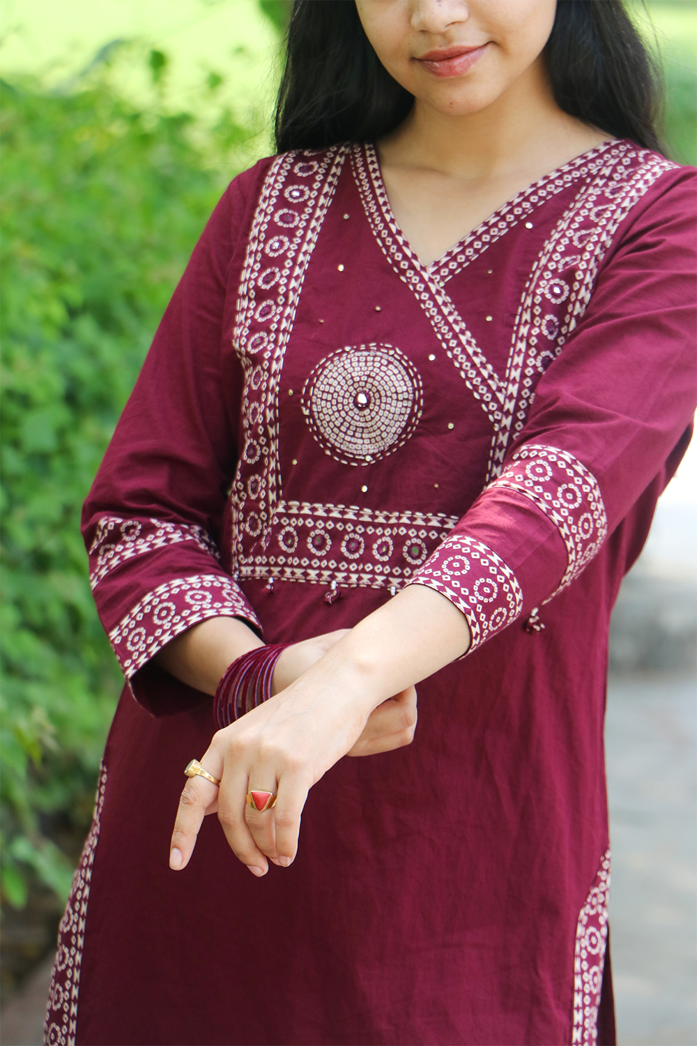 Maroon Bhandej Print Cotton Kurta-Pant Set with Dupatta