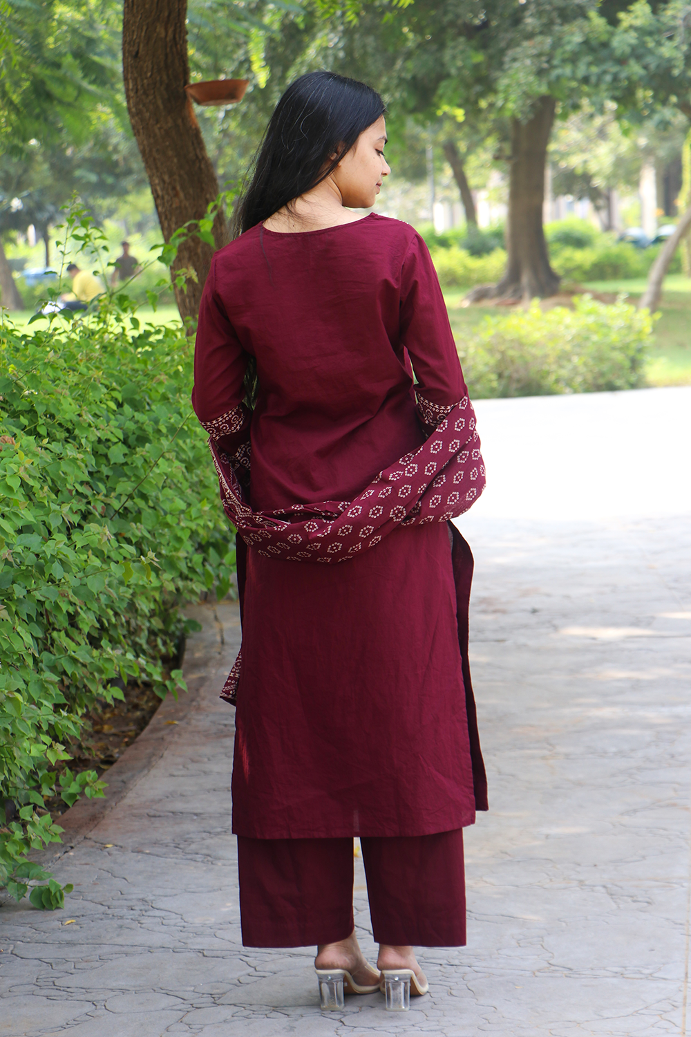 Maroon Bhandej Print Cotton Kurta-Pant Set with Dupatta