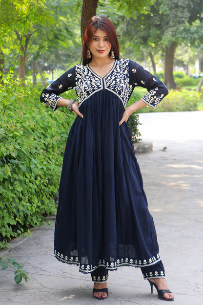 Navy Blue Embroidered Mul Cotton Anarkali Kurta-Pant Set with Dupatta