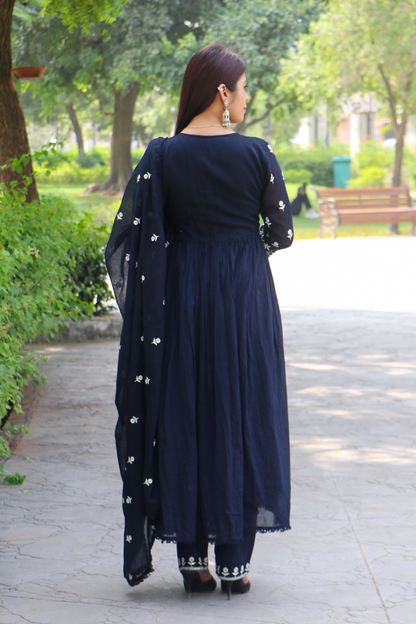 Navy Blue Embroidered Mul Cotton Anarkali Kurta-Pant Set with Dupatta