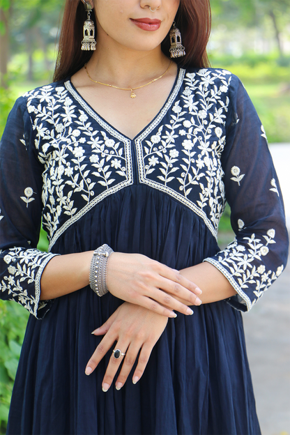 Navy Blue Embroidered Mul Cotton Anarkali Kurta-Pant Set with Dupatta