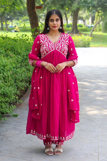Rani Pink Embroidered Mul Cotton Anarkali Kurta-Pant Set with Dupatta