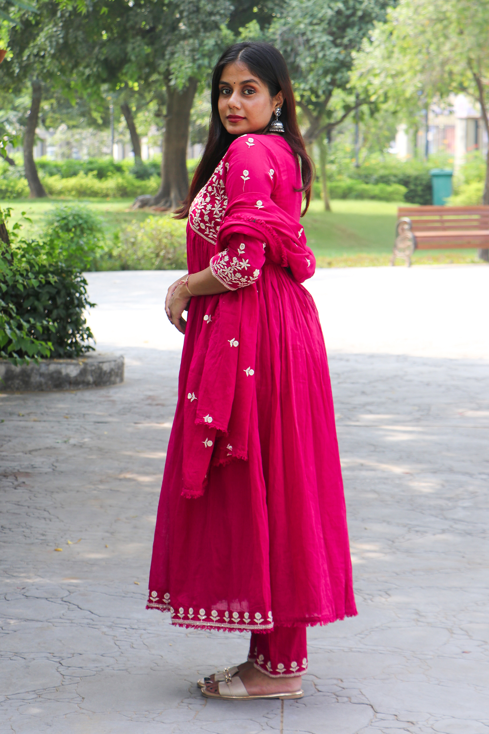 Rani Pink Embroidered Mul Cotton Anarkali Kurta-Pant Set with Dupatta