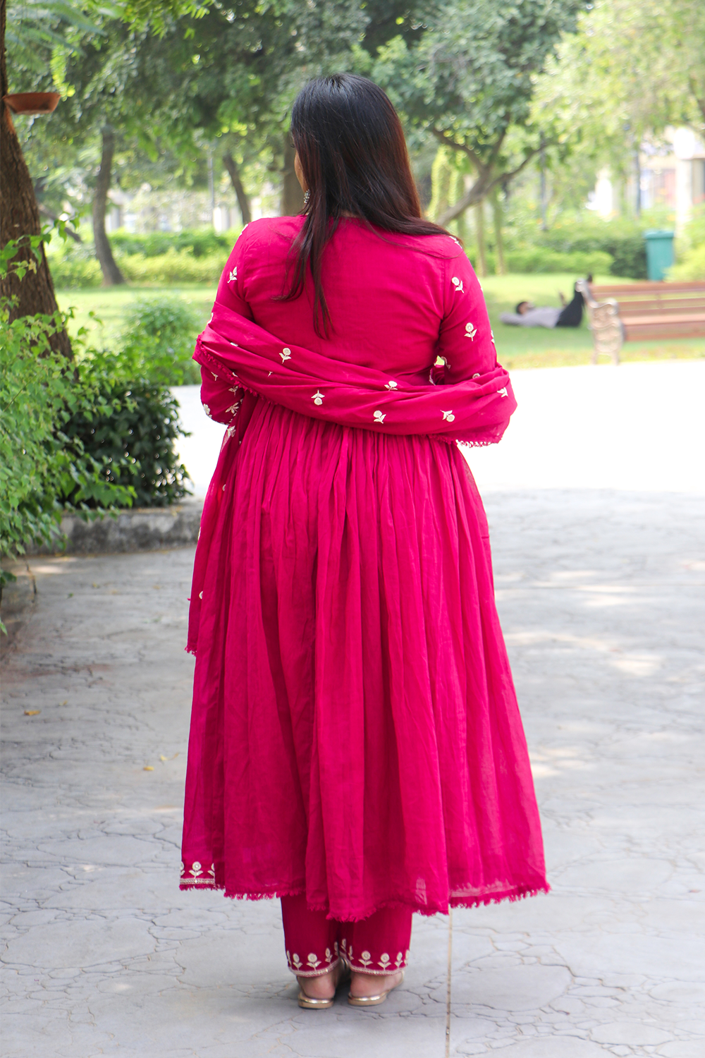 Rani Pink Embroidered Mul Cotton Anarkali Kurta-Pant Set with Dupatta