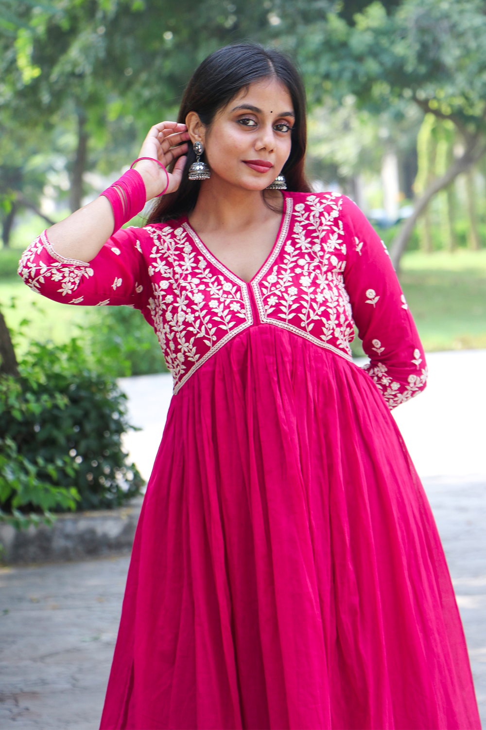 Rani Pink Embroidered Mul Cotton Anarkali Kurta-Pant Set with Dupatta