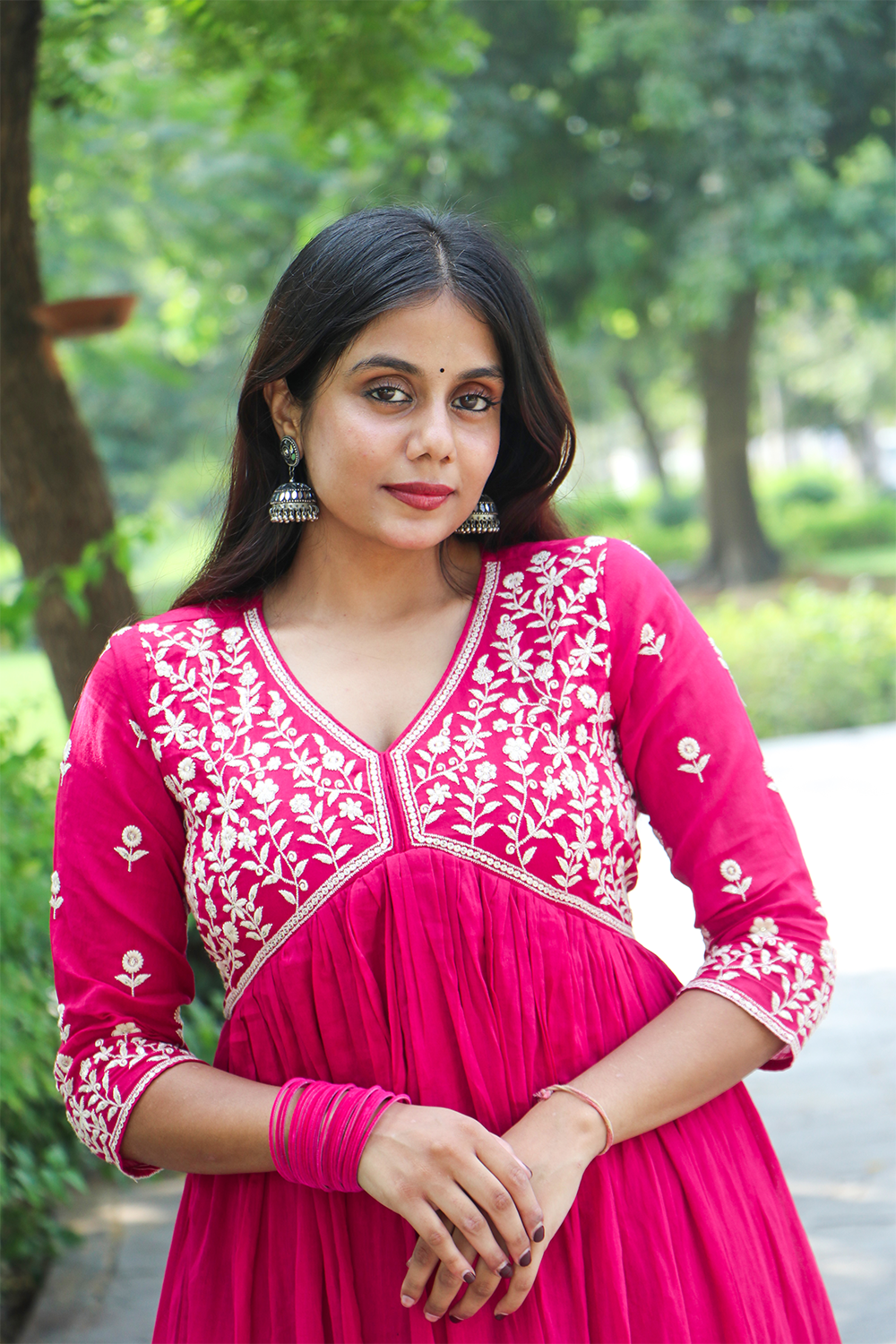 Rani Pink Embroidered Mul Cotton Anarkali Kurta-Pant Set with Dupatta