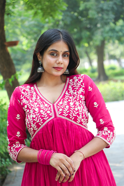 Rani Pink Embroidered Mul Cotton Anarkali Kurta-Pant Set with Dupatta