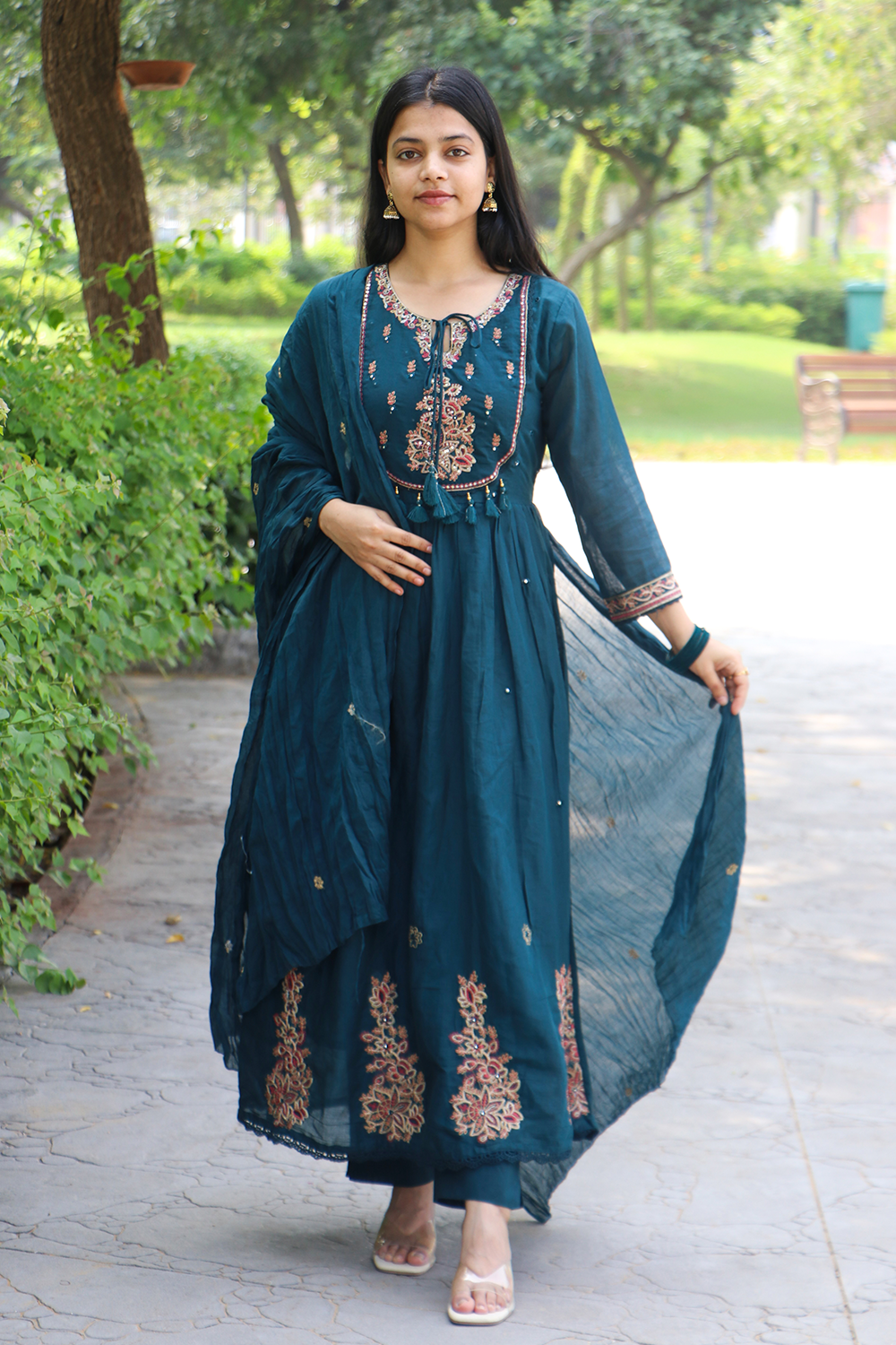 Nile Blue Embroidered Mul Cotton Anarkali Kurta-Pant Set with Dupatta
