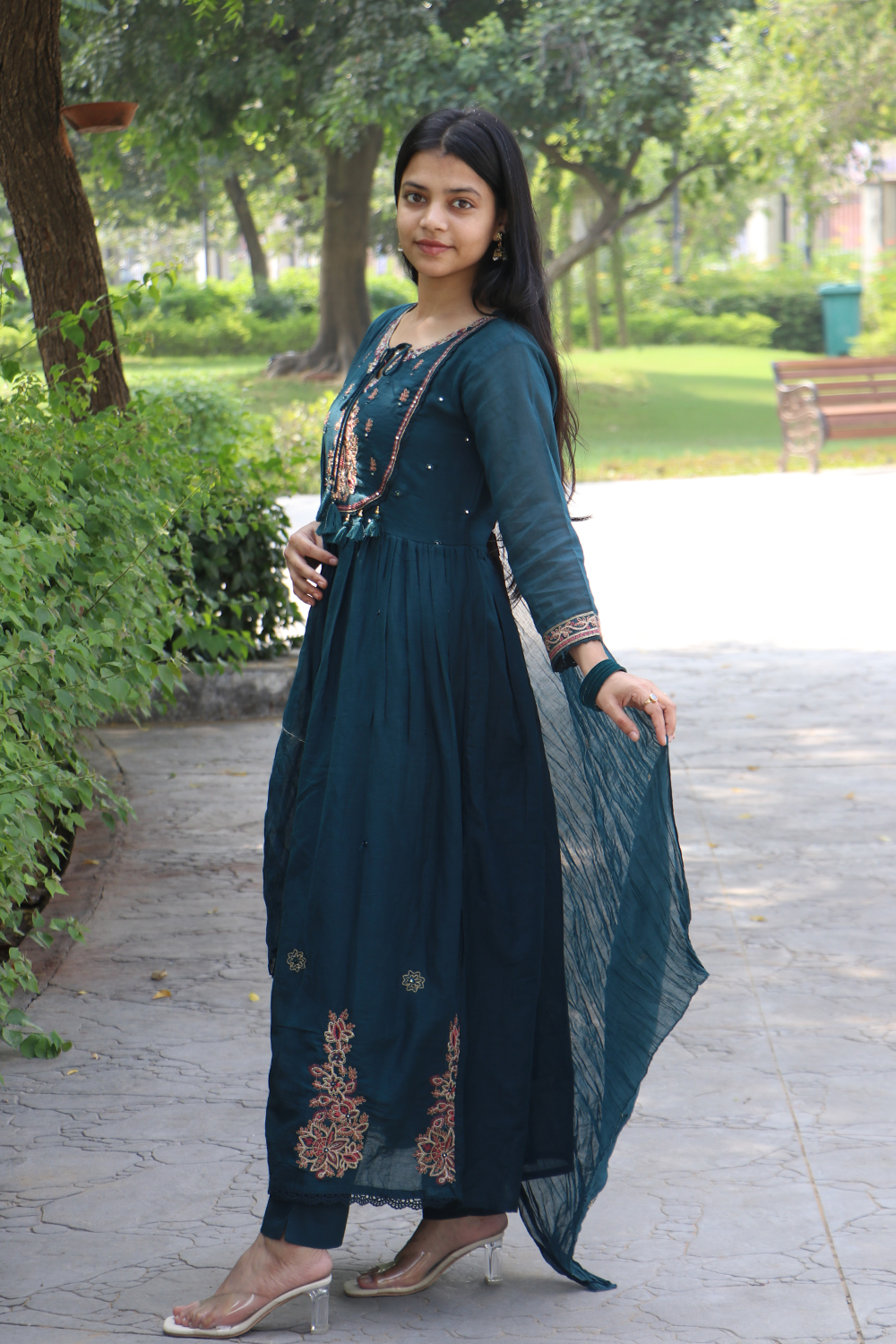 Nile Blue Embroidered Mul Cotton Anarkali Kurta-Pant Set with Dupatta