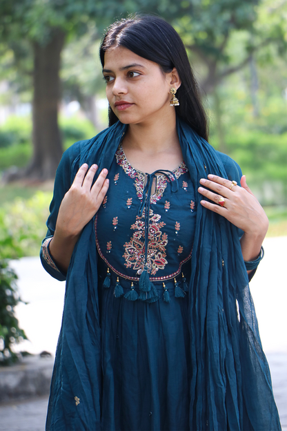 Nile Blue Embroidered Mul Cotton Anarkali Kurta-Pant Set with Dupatta