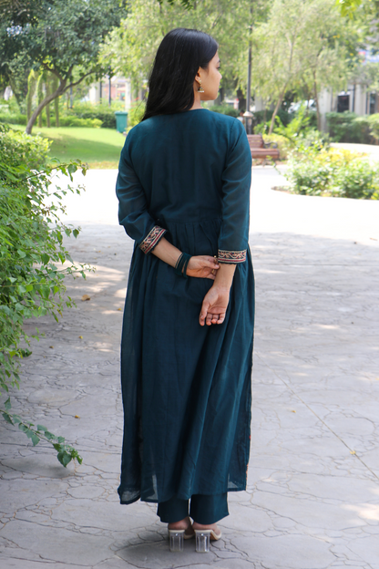 Nile Blue Embroidered Mul Cotton Anarkali Kurta-Pant Set with Dupatta