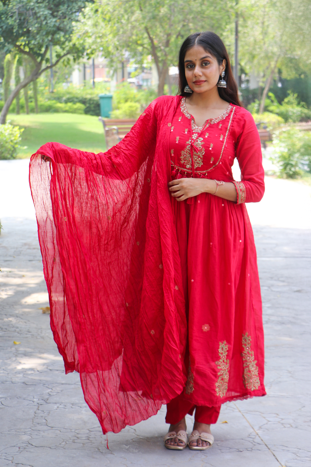 Crimson Red Embroidered Mul Cotton Anarkali Kurta-Pant Set with Dupatta