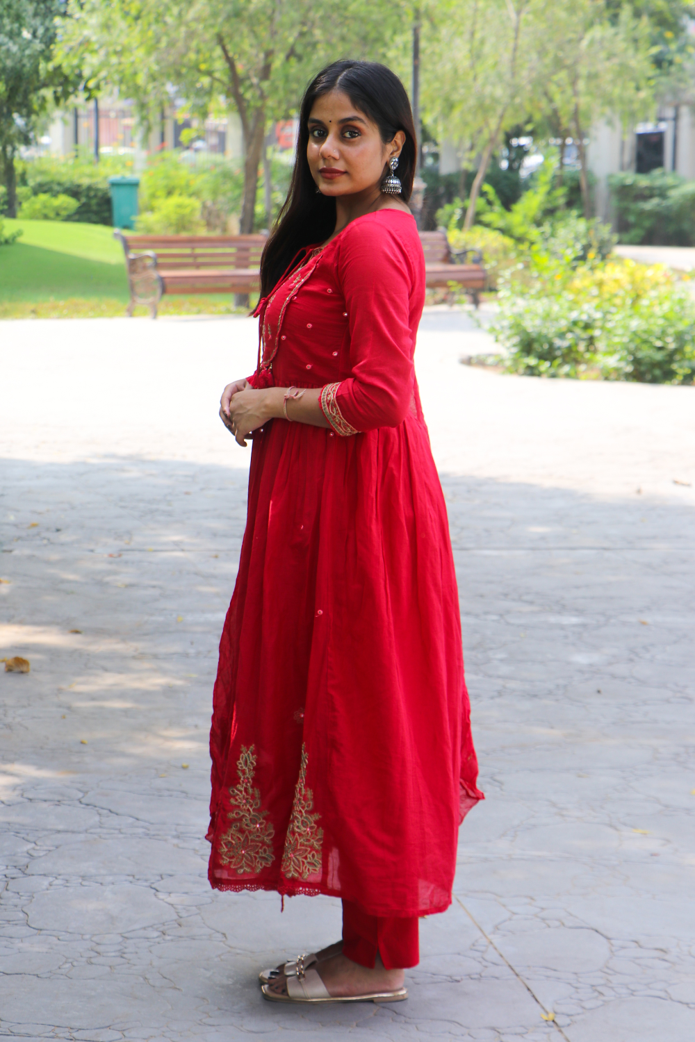 Crimson Red Embroidered Mul Cotton Anarkali Kurta-Pant Set with Dupatta