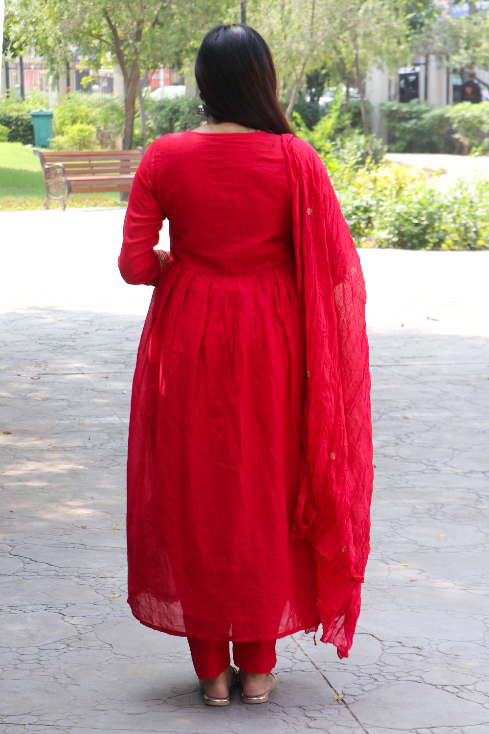 Crimson Red Embroidered Mul Cotton Anarkali Kurta-Pant Set with Dupatta