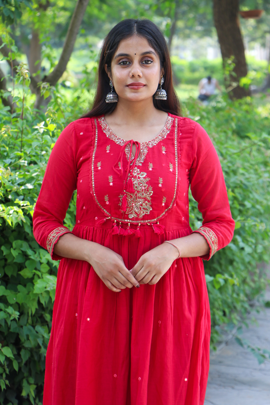 Crimson Red Embroidered Mul Cotton Anarkali Kurta-Pant Set with Dupatta