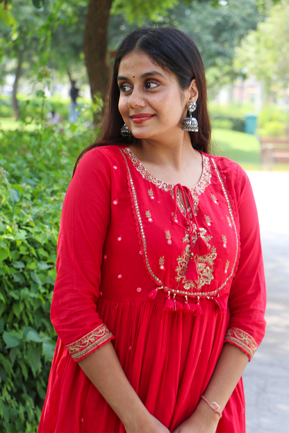 Crimson Red Embroidered Mul Cotton Anarkali Kurta-Pant Set with Dupatta