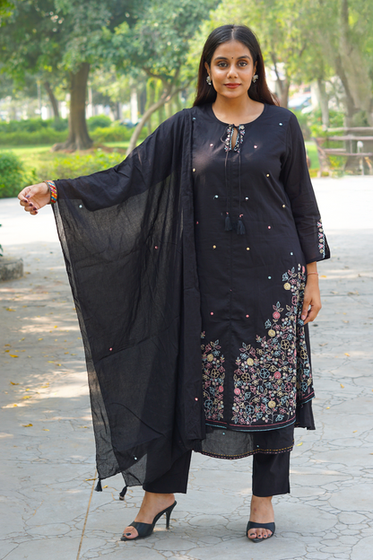 Black Katha-Work Mul Cotton A-Line Kurta-Pant Set with Dupatta