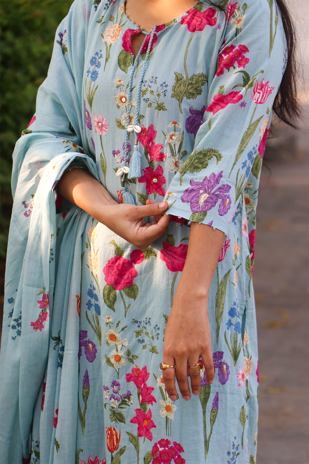 Pastel Blue Floral Cotton Kurta-Pant Set with Dupatta