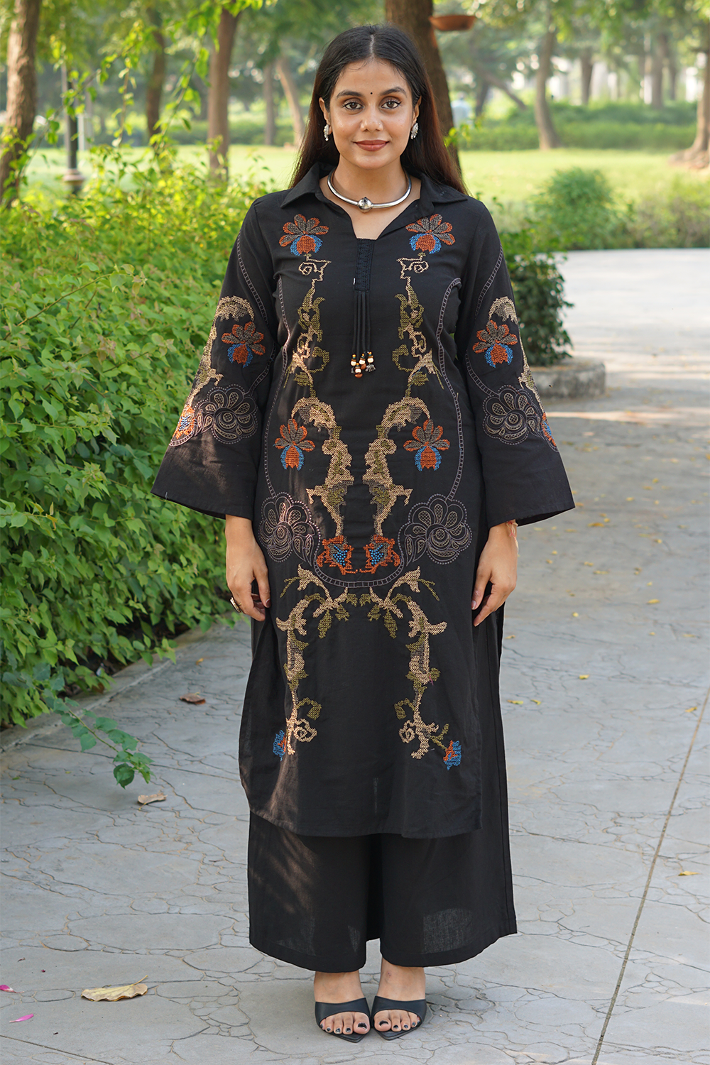 Black Cross Stitch Embroidered Cotton Kurta-Pant Set with Dupatta