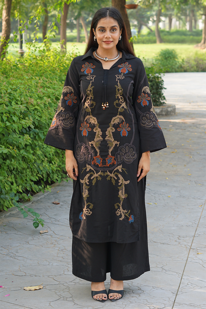 Black Cross Stitch Embroidered Cotton Kurta-Pant Set with Dupatta