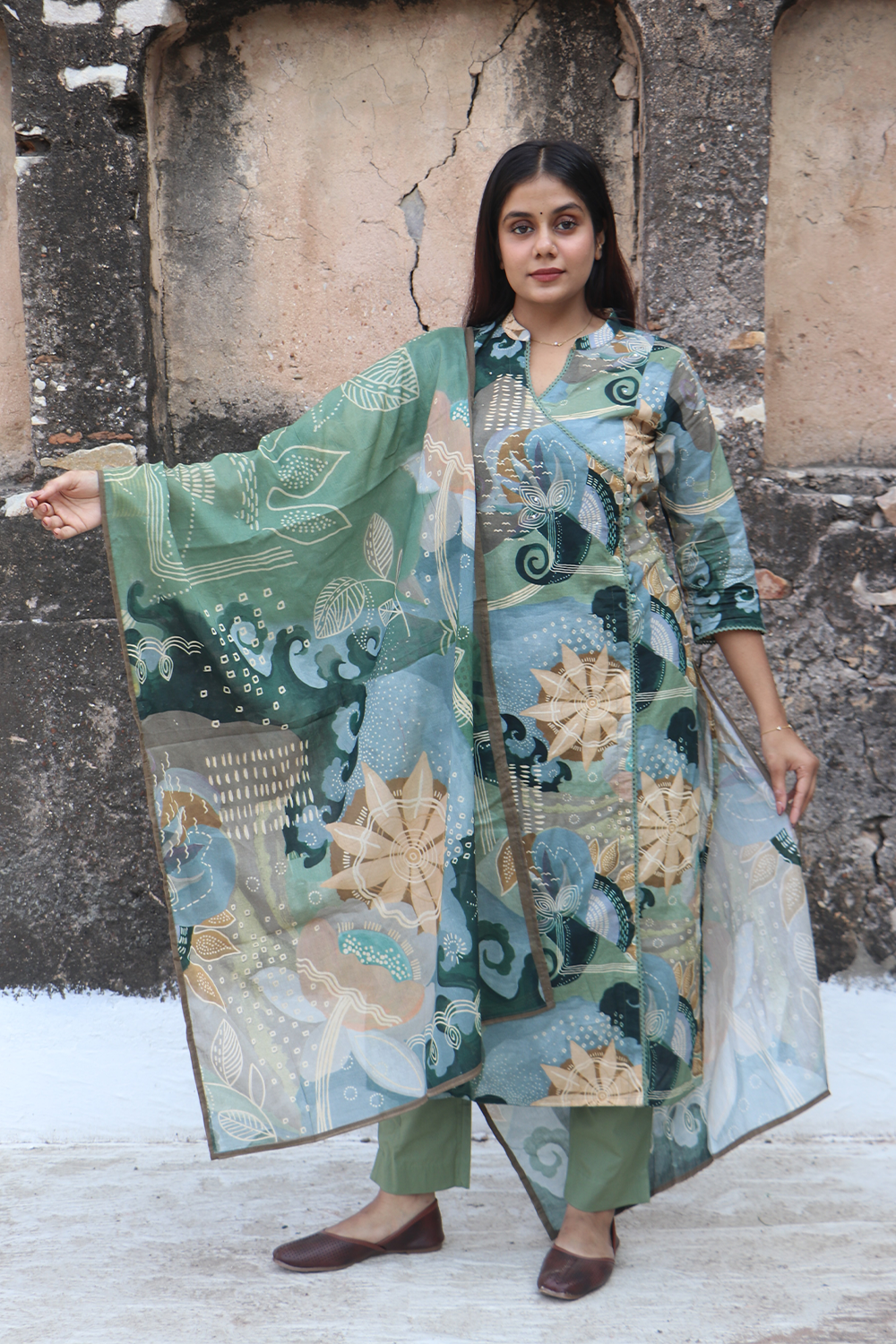 Sage Green Printed Angrakha Cotton Kurta-Pant Set with Dupatta