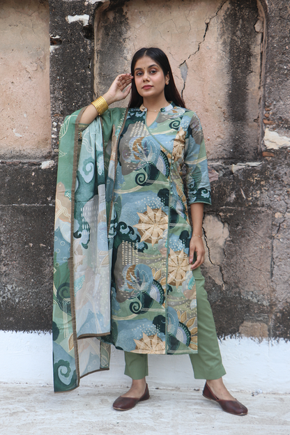 Sage Green Printed Angrakha Cotton Kurta-Pant Set with Dupatta