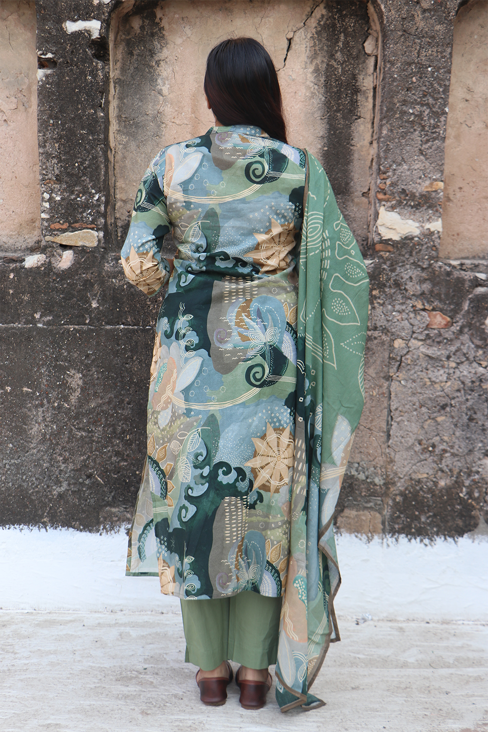 Sage Green Printed Angrakha Cotton Kurta-Pant Set with Dupatta